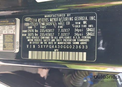 2016 Kia Sorento 2.4L L z USA, uszkodzony, nr VIN 5XYPG4A30GG023633